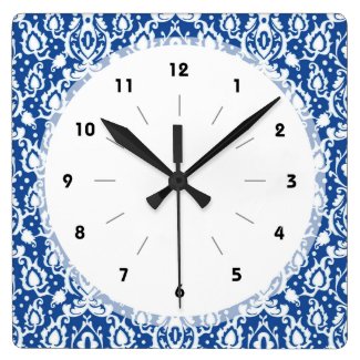 Blue and White Damask Square Wall Clock