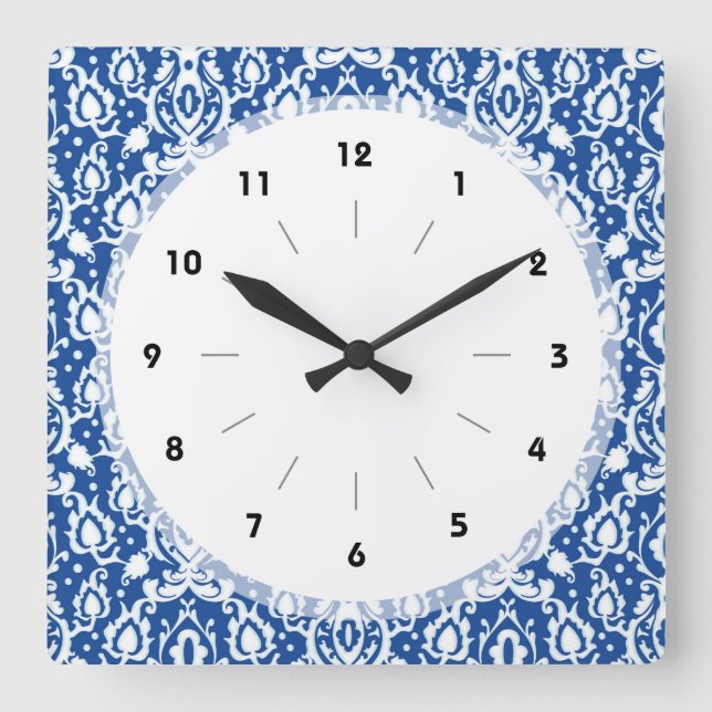 Blue and White Damask Square Wall Clock (Front)