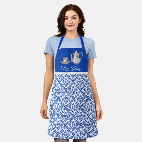 Blue and White Damask with Tea Pot and Cup Apron