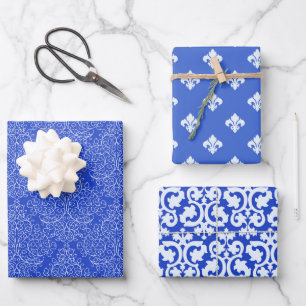 Blue And White  Damask  Wrapping Paper Sheets