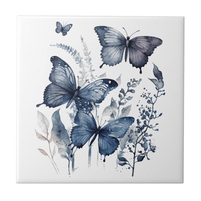 Blue and white Delft art butterflies with flowers Ceramic Tile (Front)