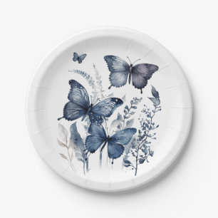 Blue and white Delft art butterflies with flowers  Paper Plates