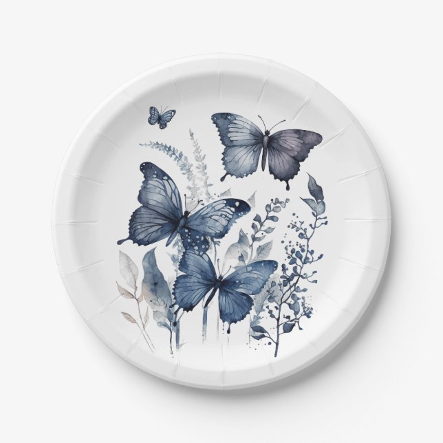 Blue and white Delft art butterflies with flowers  Paper Plates (Front)