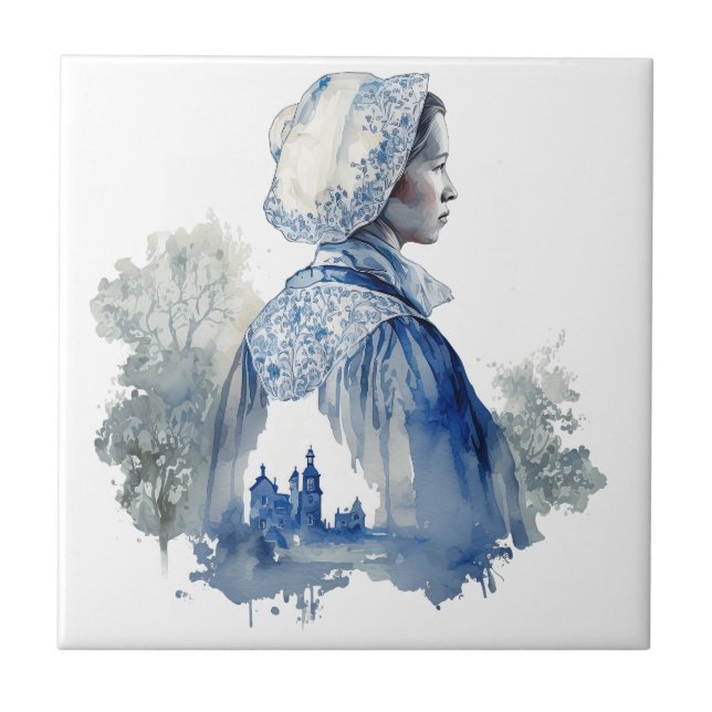 Blue and white Delft art with a girl village scene Ceramic Tile (Front)