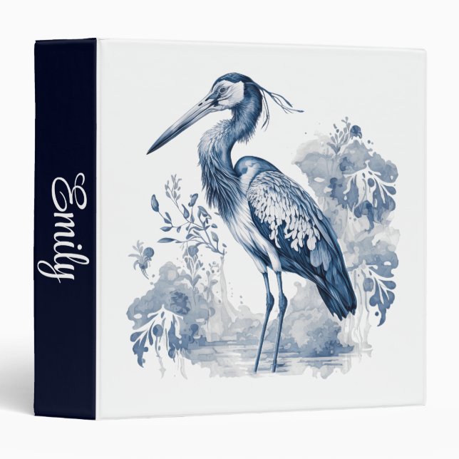 Blue and white Delft style art heron with flowers 3 Ring Binder (Front/Spine)
