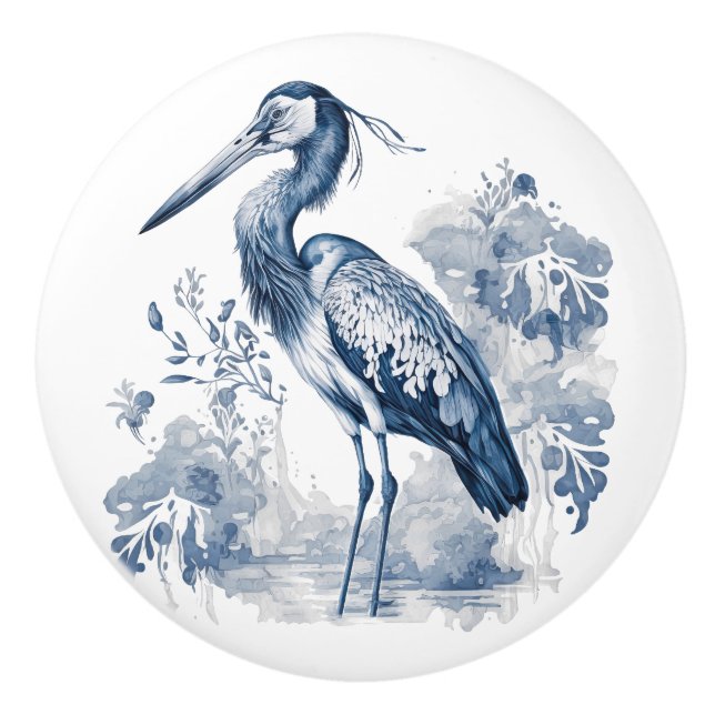 Blue and white Delft style art heron with flowers Ceramic Knob (Front)