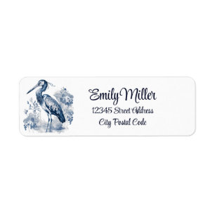 Blue and white Delft style art heron with flowers Label