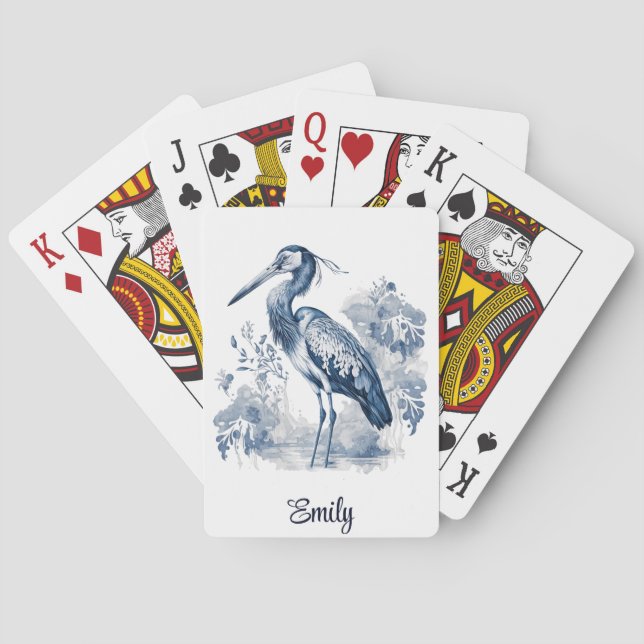 Blue and white Delft style art heron with flowers Poker Cards (Back)