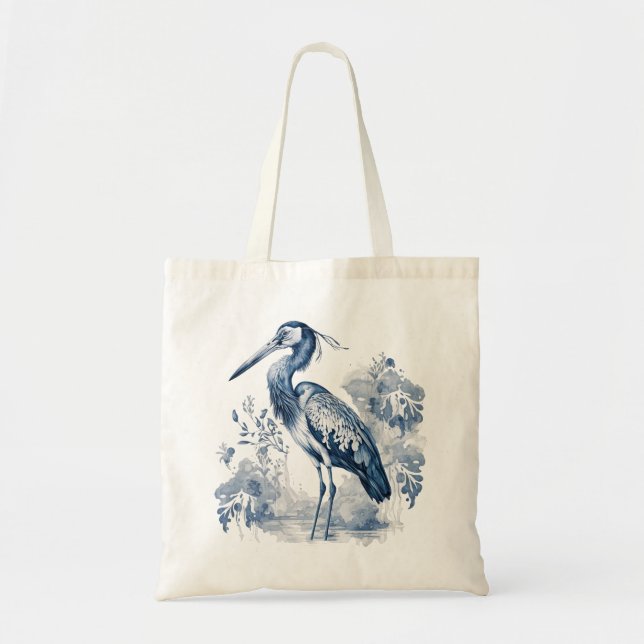 Blue and white Delft style art heron with flowers Tote Bag (Front)