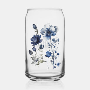 Blue and white Delft style art with wildflowers Can Glass