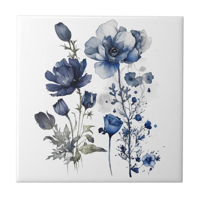 Blue and white Delft style art with wildflowers Ceramic Tile (Front)