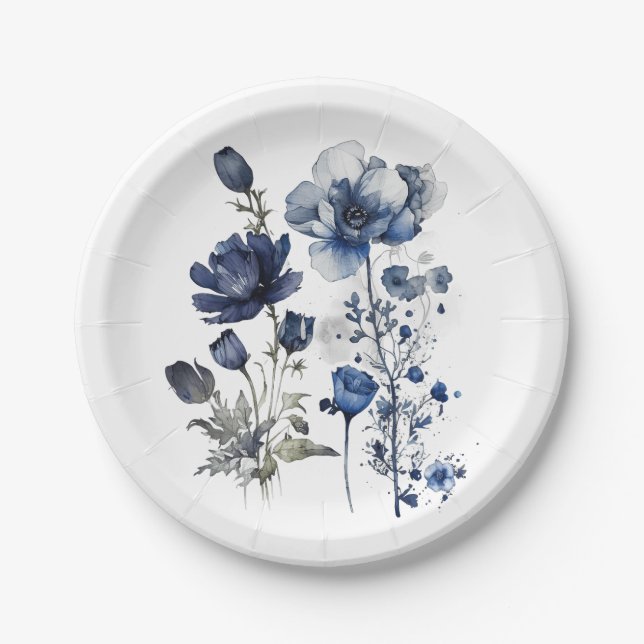 Blue and white Delft style art with wildflowers Paper Plates (Front)