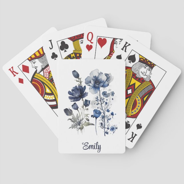 Blue and white Delft style art with wildflowers Poker Cards (Back)