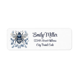 Blue and white Delft style bee design with flowers Label