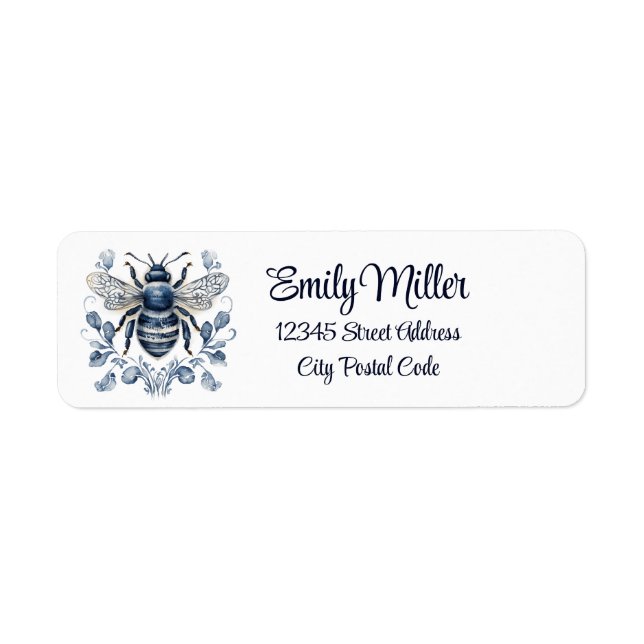 Blue and white Delft style bee design with flowers Label (Front)