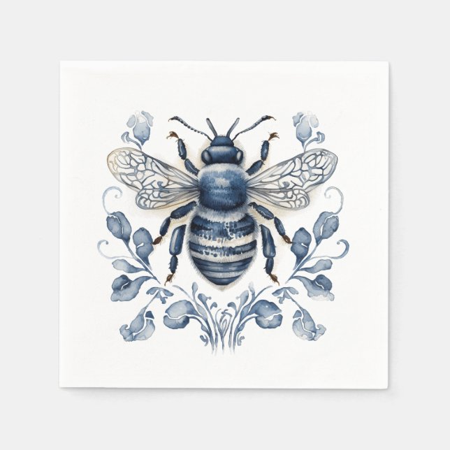 Blue and white Delft style bee design with flowers Napkins (Front)