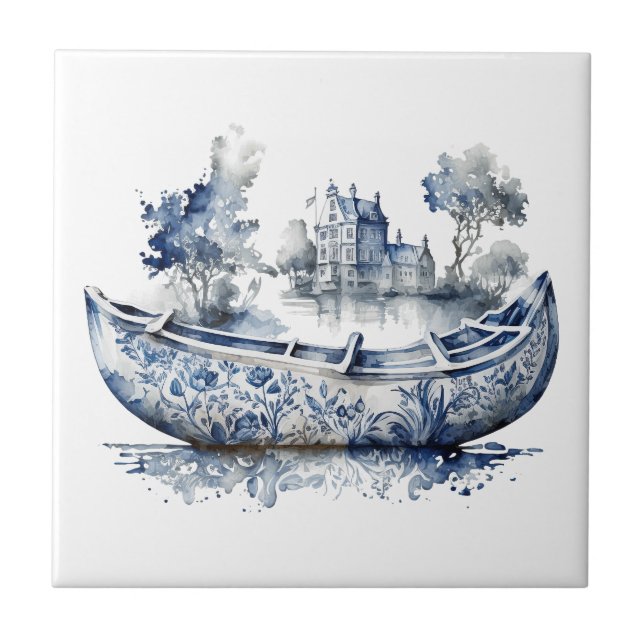 Blue and white Delft style boat with village scene Ceramic Tile (Front)