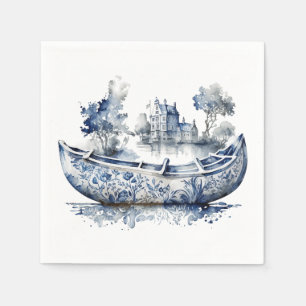 Blue and white Delft style boat with village scene Napkins