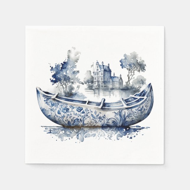 Blue and white Delft style boat with village scene Napkins (Front)