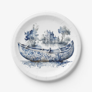Blue and white Delft style boat with village scene Paper Plates