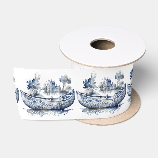 Blue and white Delft style boat with village scene Satin Ribbon (Spool)