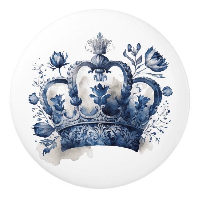 Blue and white Delft style crown with flowers Ceramic Knob (Front)
