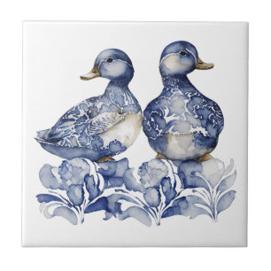 Blue and white Delft style cute ducks with flowers Ceramic Tile