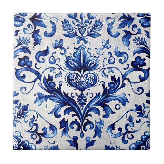 Blue and white Delft style floral ornament pattern Ceramic Tile (Front)