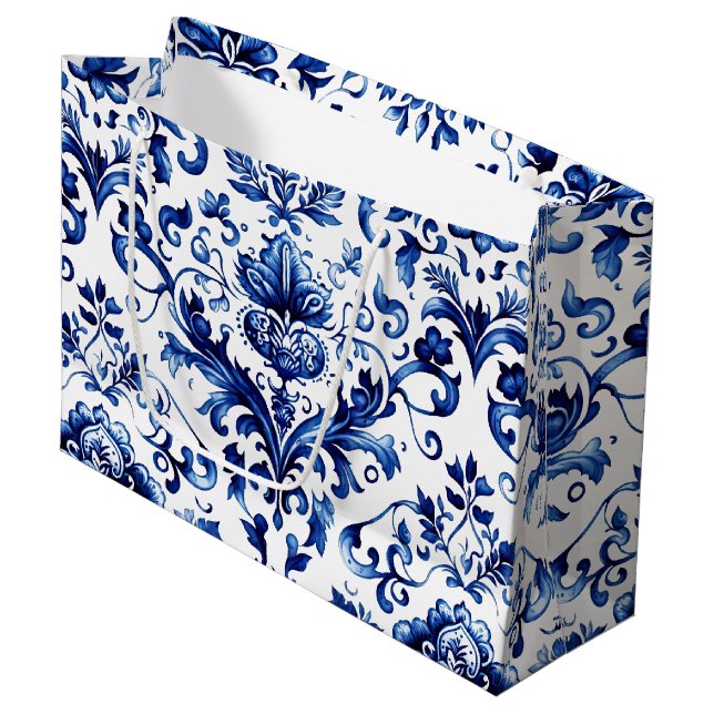 Blue and white Delft style floral ornament pattern Large Gift Bag (Front Angled)