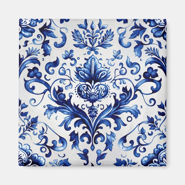 Blue and white Delft style floral ornament pattern Magnet (Front)
