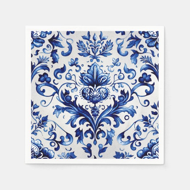 Blue and white Delft style floral ornament pattern Napkins (Front)