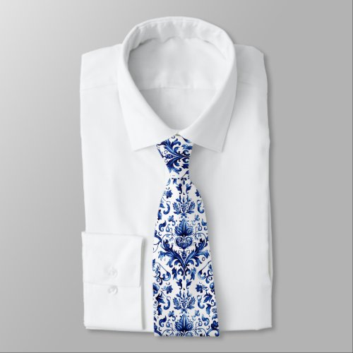 Blue and white Delft style floral ornament pattern Neck Tie