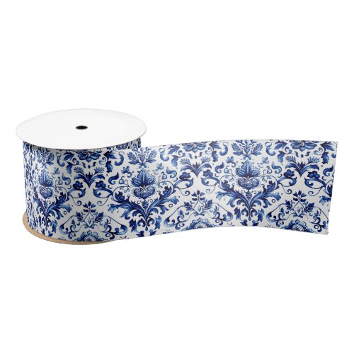 Blue and white Delft style floral ornament pattern Satin Ribbon