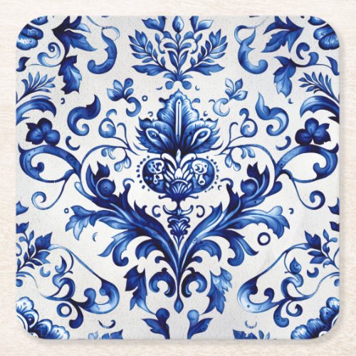 Blue and white Delft style floral ornament pattern Square Paper Coaster