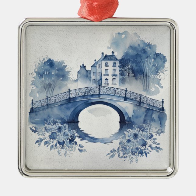 Blue and white Delft style landscape  Metal Ornament (Front)
