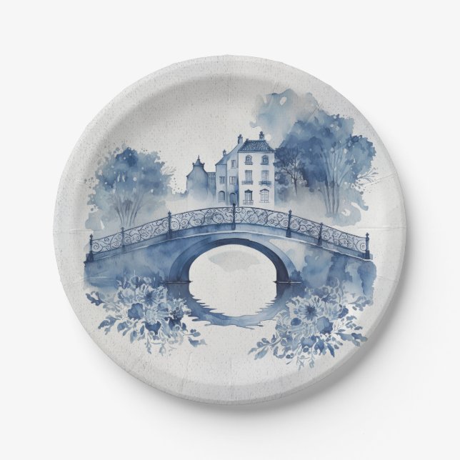 Blue and white Delft style landscape  Paper Plates (Front)