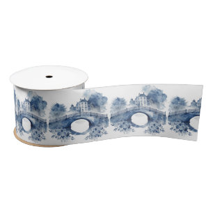 Blue and white Delft style landscape Satin Ribbon