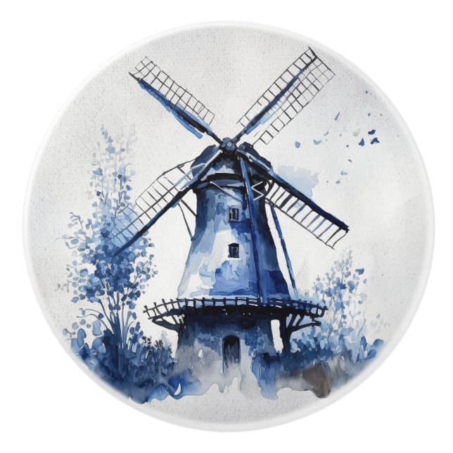 Blue and white Delft style landscape with windmill Ceramic Knob (Front)