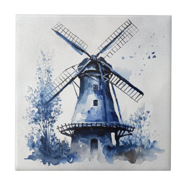 Blue and white Delft style landscape with windmill Ceramic Tile (Front)