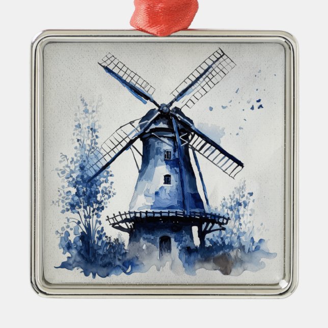 Blue and white Delft style landscape with windmill Metal Ornament (Front)