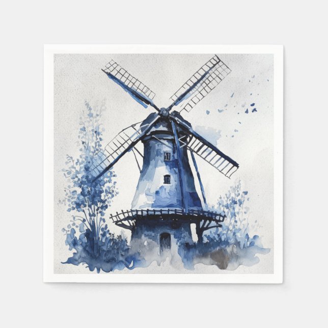 Blue and white Delft style landscape with windmill Napkins (Front)