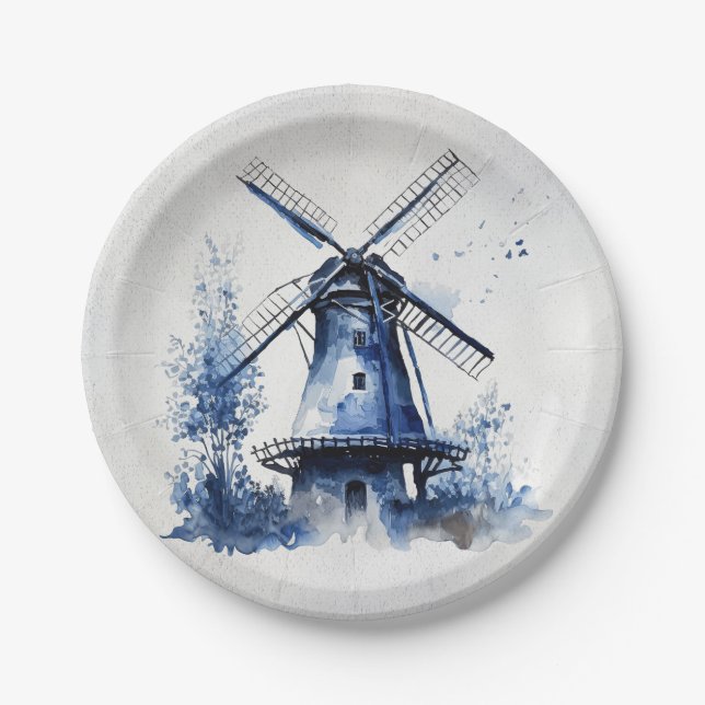 Blue and white Delft style landscape with windmill Paper Plates (Front)
