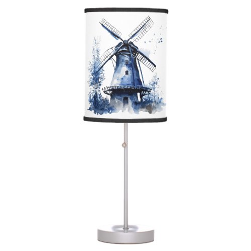 Blue and white Delft style landscape with windmill Table Lamp