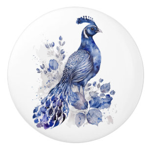 Blue and white Delft style peacock with flowers Ceramic Knob