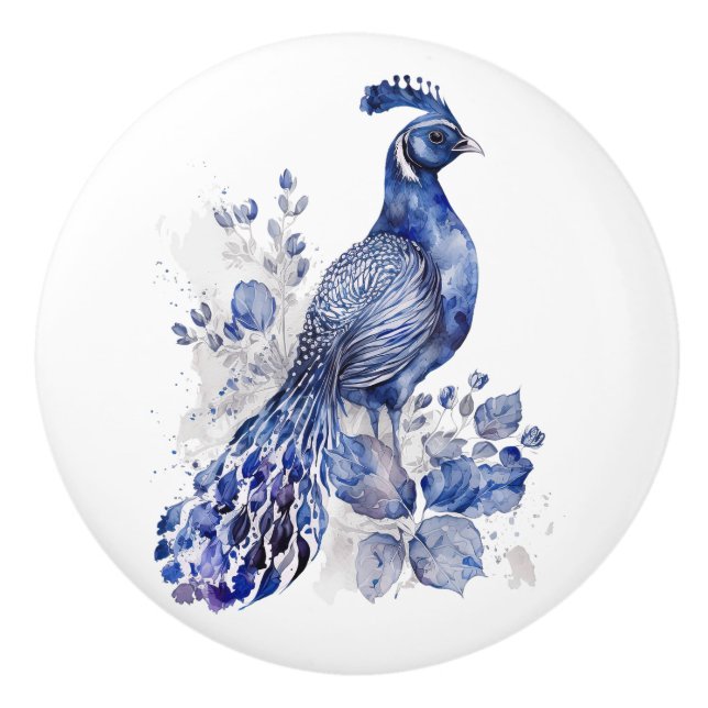 Blue and white Delft style peacock with flowers Ceramic Knob (Front)