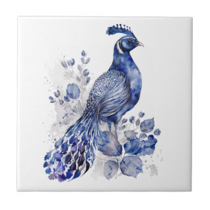 Blue and white Delft style peacock with flowers Ceramic Tile