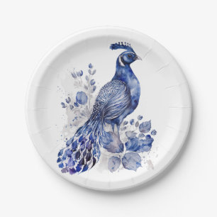 Blue and white Delft style peacock with flowers Paper Plates