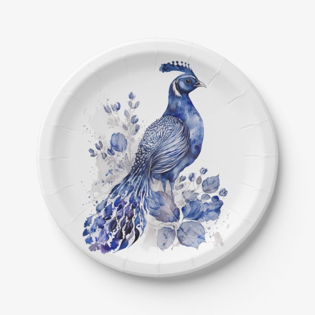 Blue and white Delft style peacock with flowers Paper Plates (Front)