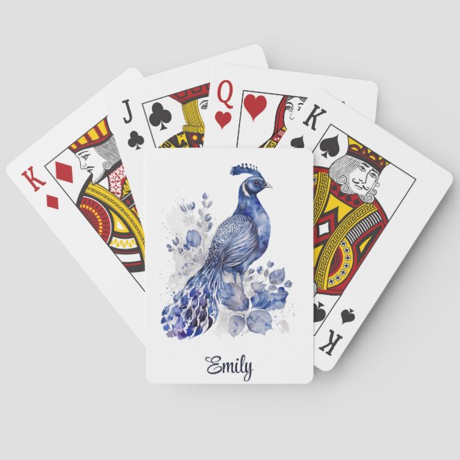 Blue and white Delft style peacock with flowers Poker Cards (Back)