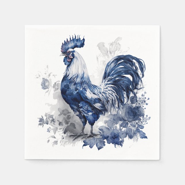 Blue and white Delft style rooster with flowers Napkins (Front)